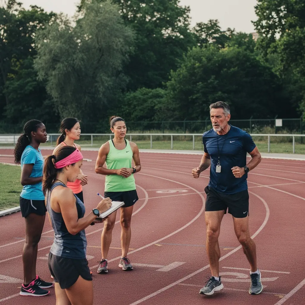Futóverseny előtti bemelegítés, ahol sportolók a startvonalnál állnak.