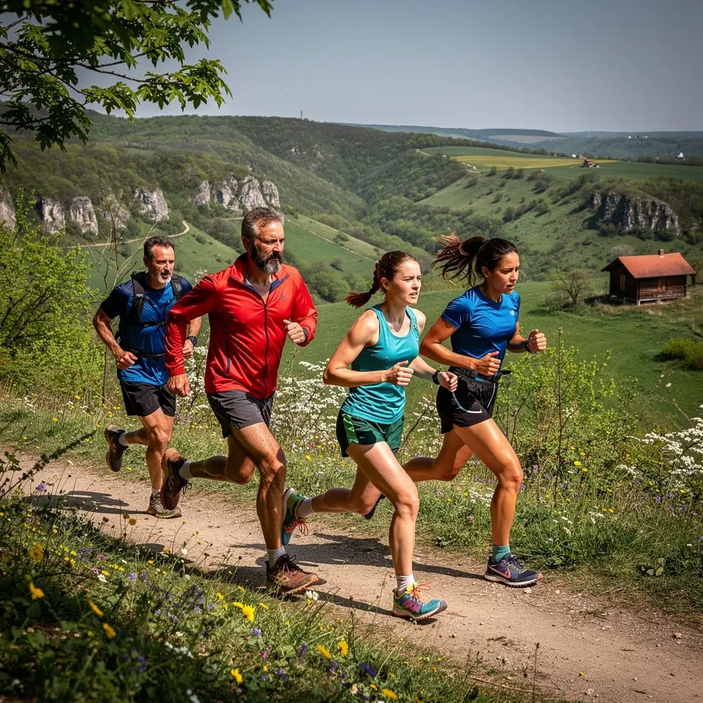Futók csoportja, akik együtt edzenek, motiváló környezetben, a versenystratégia megbeszélése közben.