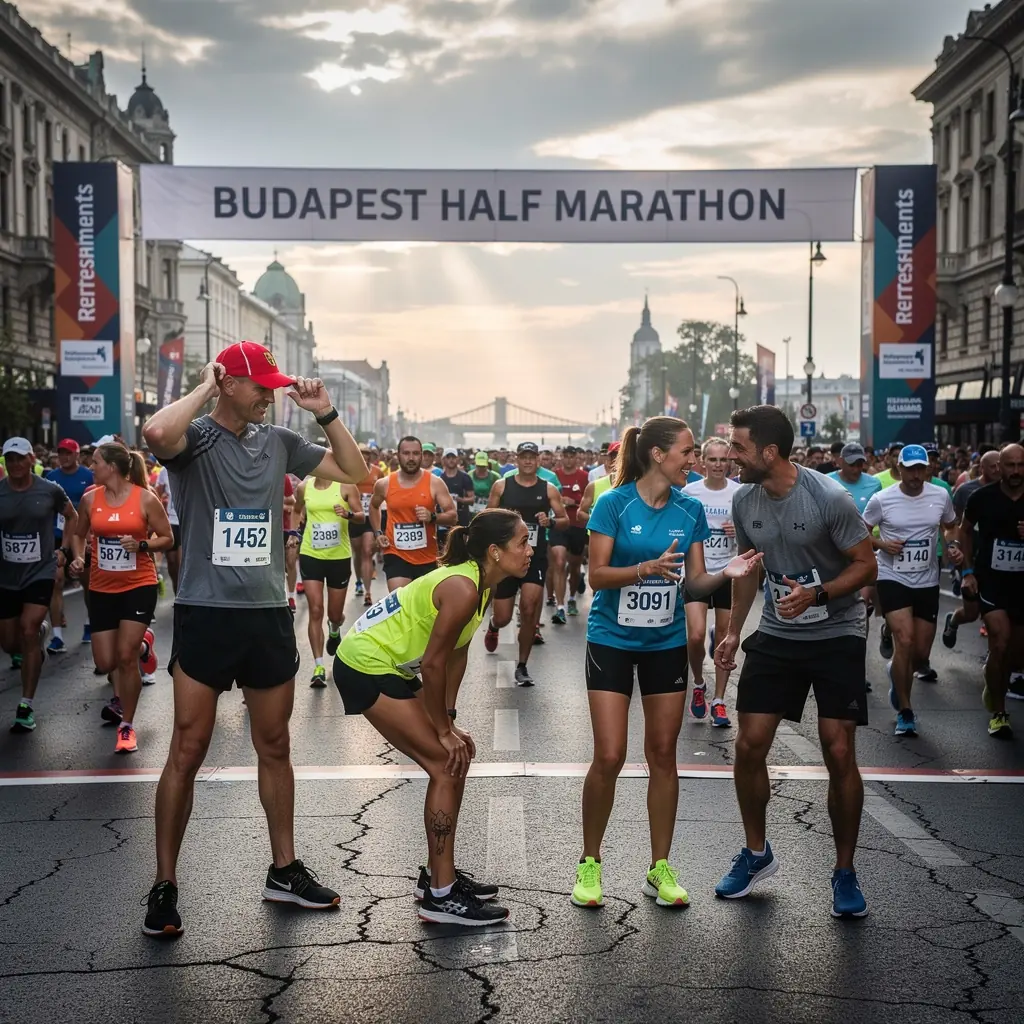 Futóverseny közben a versenyzők dinamikus mozdulatai, amint a cél felé haladnak.